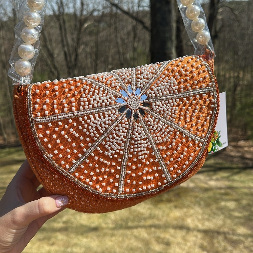 NWT VIRAL RARE Orange Beaded Handbag with Pearl Strap - Picture 7 of 13